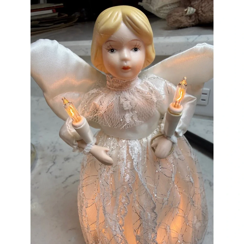 Vintage Minami Lighted Angel Tree Topper Porcelain Head White Silver Lace 9 inch